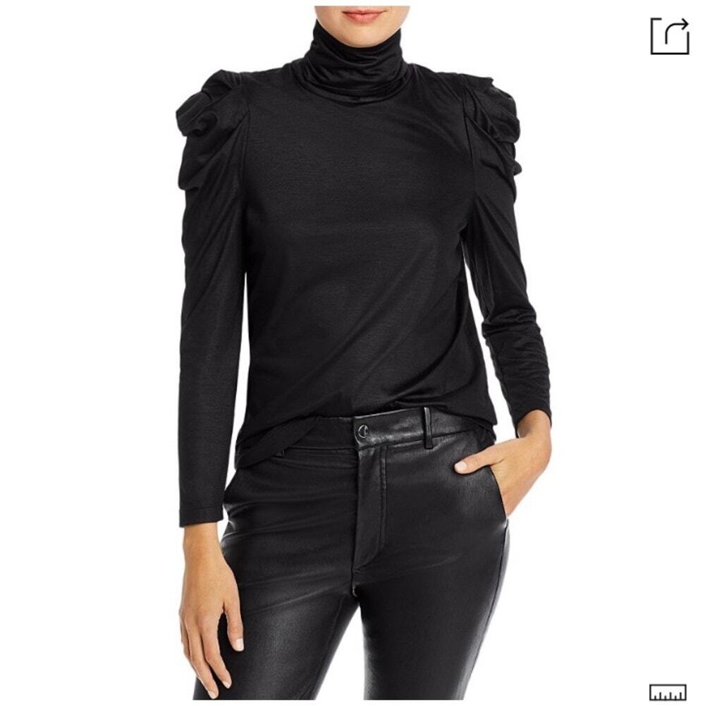Enza Costa Black Puff Sleeve Turtleneck Top Size Small